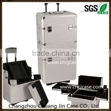 Silver aluminum trolley make up case,aluminum trolley cosmetic case