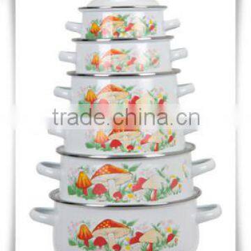 Best Quality Mushroom Decal Enamel Cookware Pot Set 6 Pcs Cast Iron Kitchenware Set With Enaml Lid