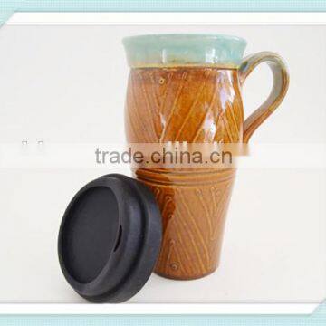 Stoneware Mug, Brown Green To Go Mug,Handmade Pottery Travel mug with Lid