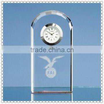 Clear Engraved Arch Shape Crystal Clocks For Souvenir Gifts