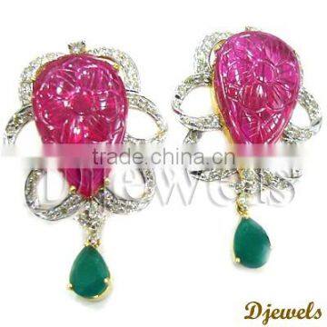 Ruby Emerald Earrings, 14K Gold Ladies Earrings, Diamond Jewelry