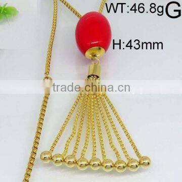 Dangle ruby color beads gold plating tassel necklace