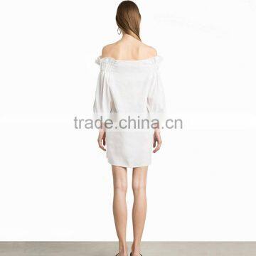 HAODUOYI Sexy Soil White Off Shoulder Women Dress Long Sleeve Sashes Wire Loop Ruffles Ladies Mini Vestidos for Wholesale photo-2