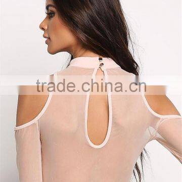 MGOO 2017 New Design Custom Blush Applique Bodysuits White See Through Rose Mesh Cutout Tops Playsuits photo-5