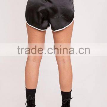 High Waist Women Plain Black Satin Contrast Binding Runner Shorts With High Curved Side photo-3