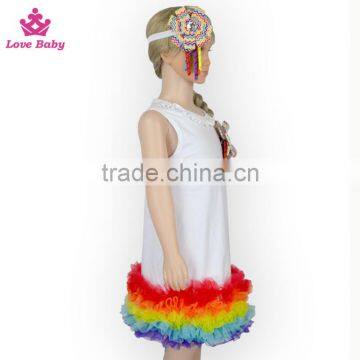 Summer Girls Sleeveless White Above Knee Dress With Colorful Rainbow Tulle Hem photo-3