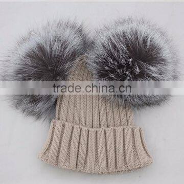Myfur Classical Beige Color Ribbed Knitting Hat with Luxury Silver Fox Fur Pom Poms