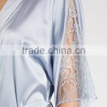 Latest Water Blue Soft Satin Night Robes Womens Half Long Sleeves Wrap Robes photo-5