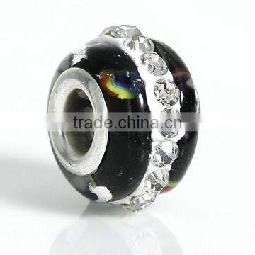 Lampwork Glass European Style Large Hole Charm Beads Round Silver Plated Core Black Clear Rhinestone