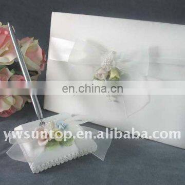 Three flowers design satin signature guest book & pen holder set vintage wedding decoration