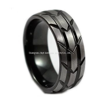 Tire pattern brushed grooved tungsten gold ring