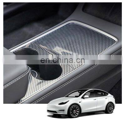 Real Dry Glossy Carbon Fiber Pattern Cover Accessories Center Console Panel For Tesla Model 3 Y 2021