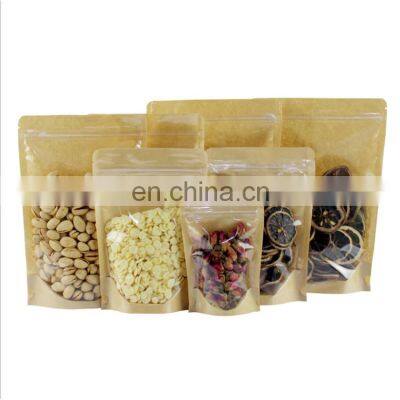 Free Sample Custom Printed Airtight Food Top Zip Kraft Paper Pouches With Clear Window Snack Nuts Packaging Bag With Zipper