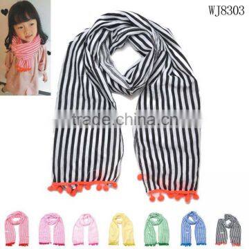 New Arrival Striped Lace Pom Pom Brim Boys Girls Baby Kids Winter Scarf