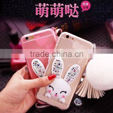 TPU Rhinestone Silicone Strap With Bracket Rabbit Fur Ball Case for IPhone 6S/6Plus photo-3