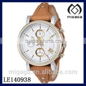 Women's Analog Display Quartz Brown Leather Watch three sub dials chronograph watch