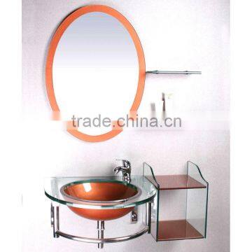 High Quality Tempered Wall Hung Wash Basin, Nacarat Color Glass with Stainless Steel Holder