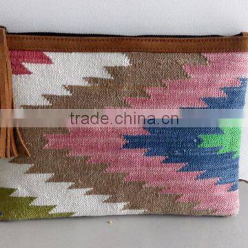 Multicolor cotton dhurrie bags from Indian Cotton dhurrie with suede leather tassels