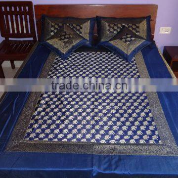 Blue Silk Indian Bed-cover Silk Brocade Bedspread