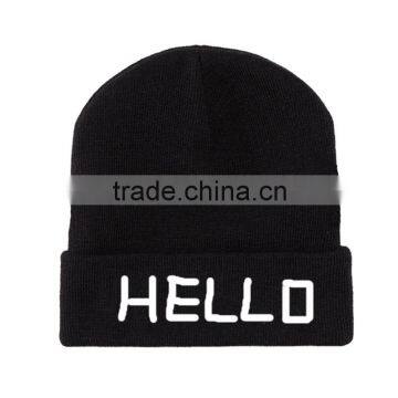 Black Cotton Whtie Embroidery Beanie Hat For Men