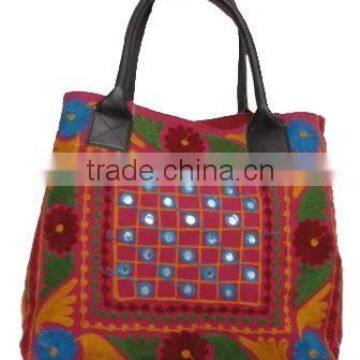 RTHHBC-1 Color Uzbekistan Suzani Embroidery Semi leather Handle tote shopping bags traditional embroidery Manufacturers Jaipur