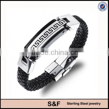 Plated 0.02um Nickel And Lead Free Leather & Steel Jewelry Custom Logo Bracelet