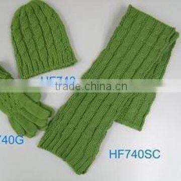 ladies blank green cable knitted hat glove and scarf set