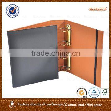 Three fold leather file folder with metal D ring binder and elastic band