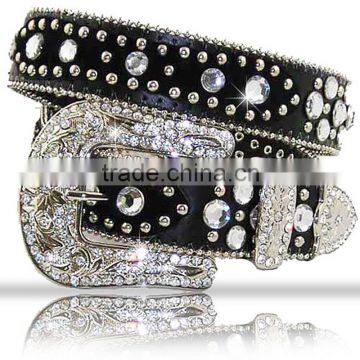 Western Womens Black Leather Rhinestones Crystal Belt