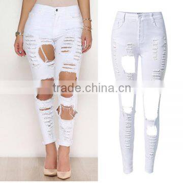 2016 Summer Pockets Zipper Closure Vogue High Waist Denim Pants Ladies White Full Length Destroyed Damaged Fashion Jeans Women