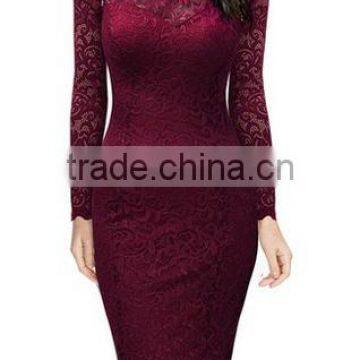 Women's Classicial Floral Lace Long Sleeve Slim Formal Mini Dress