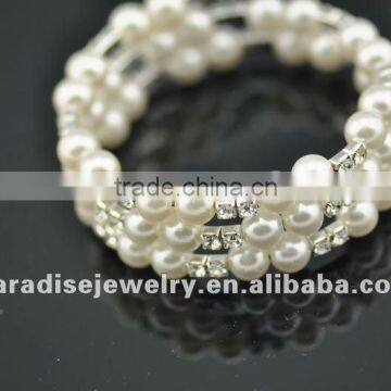 3 row pearl and rhinestone graduated wraparound coil bracelet-BRW060427