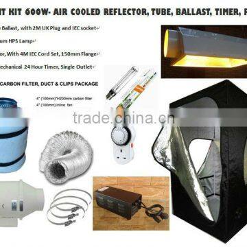 GROW LIGHT KIT 600W- AIR COOLED REFLECTOR, TUBE, BALLAST, TIMER, FILTER, TENT