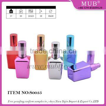 Unique square shaped 15ml empty mini screw top refillable perfume spray glass bottle with aluminum atomizer