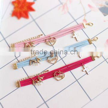 Gold Love Heart Cross Horse Feather Charms Sude Leather Bracelet Multi Layer Velvet Leather Bracelet