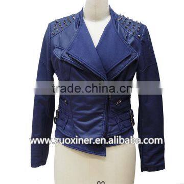 Women's spiked PU leather jacket| faux leather jacket price in China