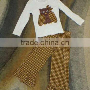 Adorable Handmade Girls boy Fall School Owl Ruffle Pants Top Outfit Boutique
