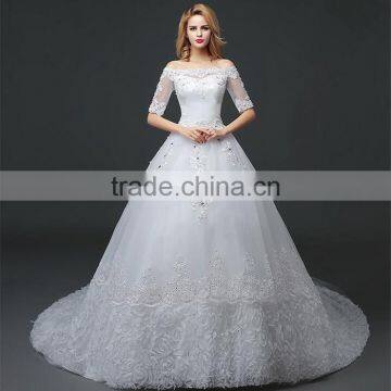 MGOO Off Shoulder Short Sleeve Shinny Beaded Lace Hem A-line Floor Length Wedding Dress Crisscross Back photo-3