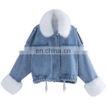 women loose oversize splicing cotton-padded denim jacket with fur collar fleece padded pocket short style