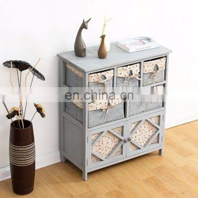 Grey Paulownia Solid Wood Sideboard Drawer Chest With Wicker Baskets photo-4