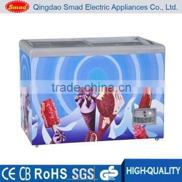 Flat double glass door display chest freezer for supermarket