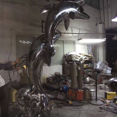 Customized outdoor square large sculpture, stainless steel handicraft, metal dolphin sculpture