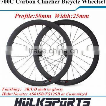 50mm Clincher Carbon Wheelset for Road Bicycle 25mm U shape Carbon Wheel for 700C Road Bike wheelset