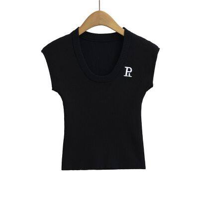 Summer new French pure desire style letter thin style U-neck temperament small shirt knitted top for women