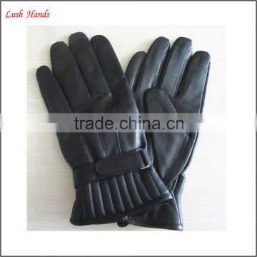 simple men 's warm winter black driving leather fabric wholesale gloves with belt