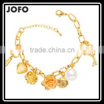 Classic Fashion Mixed Ring Flower Love Heart And Keys Charm Pearl Bracelet