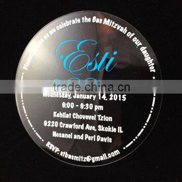Hot sale charming round transparent acrylic wedding invitations with white printing