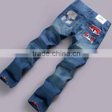 2015 Ripped Slim100% Cotton Jeans Top Fashion Men Designer Jeans Stock Men Stone Washing Hole Blue Jean Trouser With Opera Face photo-4