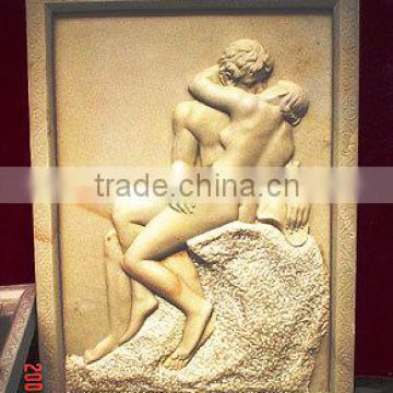 Naked man woman wall relief sculpture marble stone hand carved for decoration from Vietnam