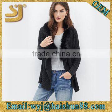 Faux fur collar waffle knit cardigan